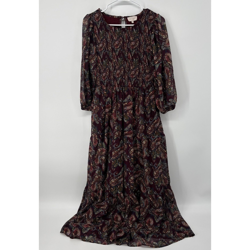 Melloday Floral Paisley Maxi Dress Womens Size Small Long Sleeve Maroon